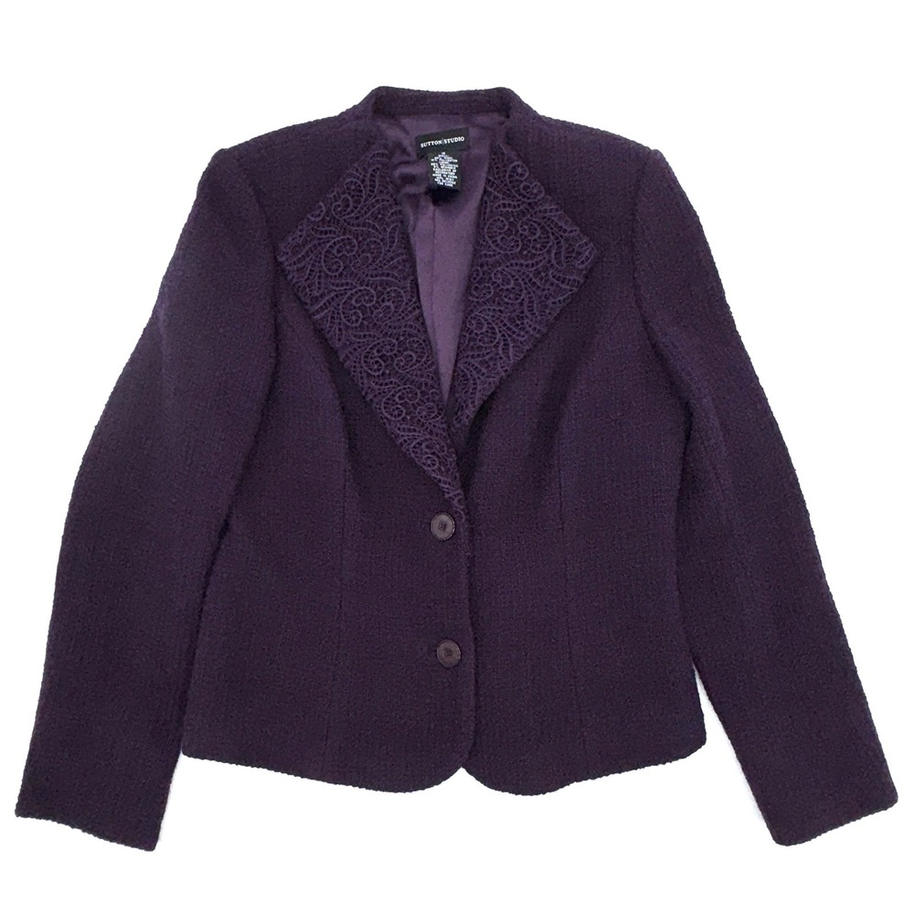 Sutton Studio Purple Boucle Blazer Embroidered Guipure Lace Lapel Women's‎ Sz 10